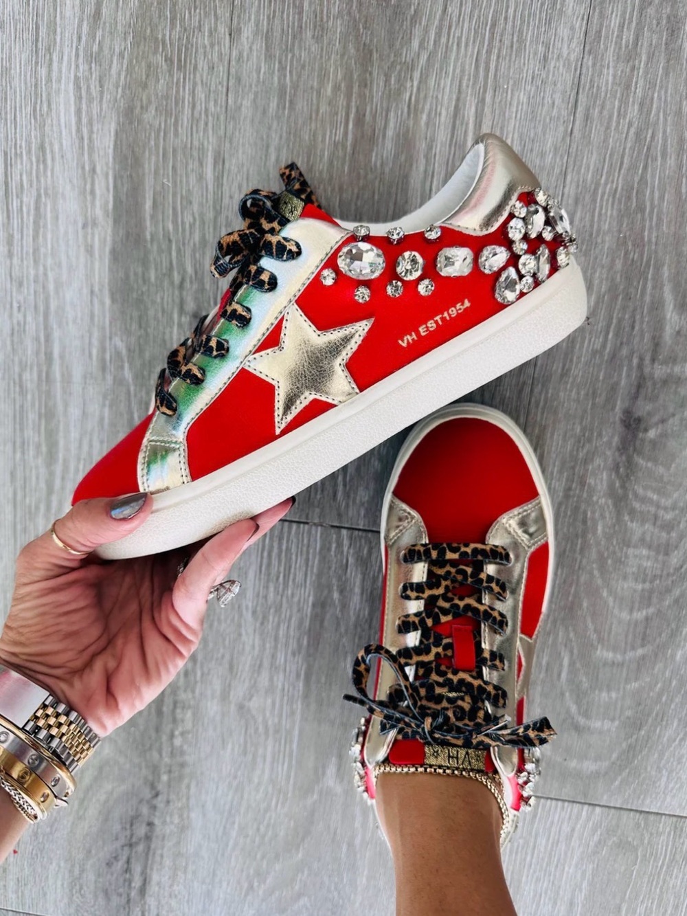Vintage Havana Red & Gold Star Crystal-Embellished Sneakers